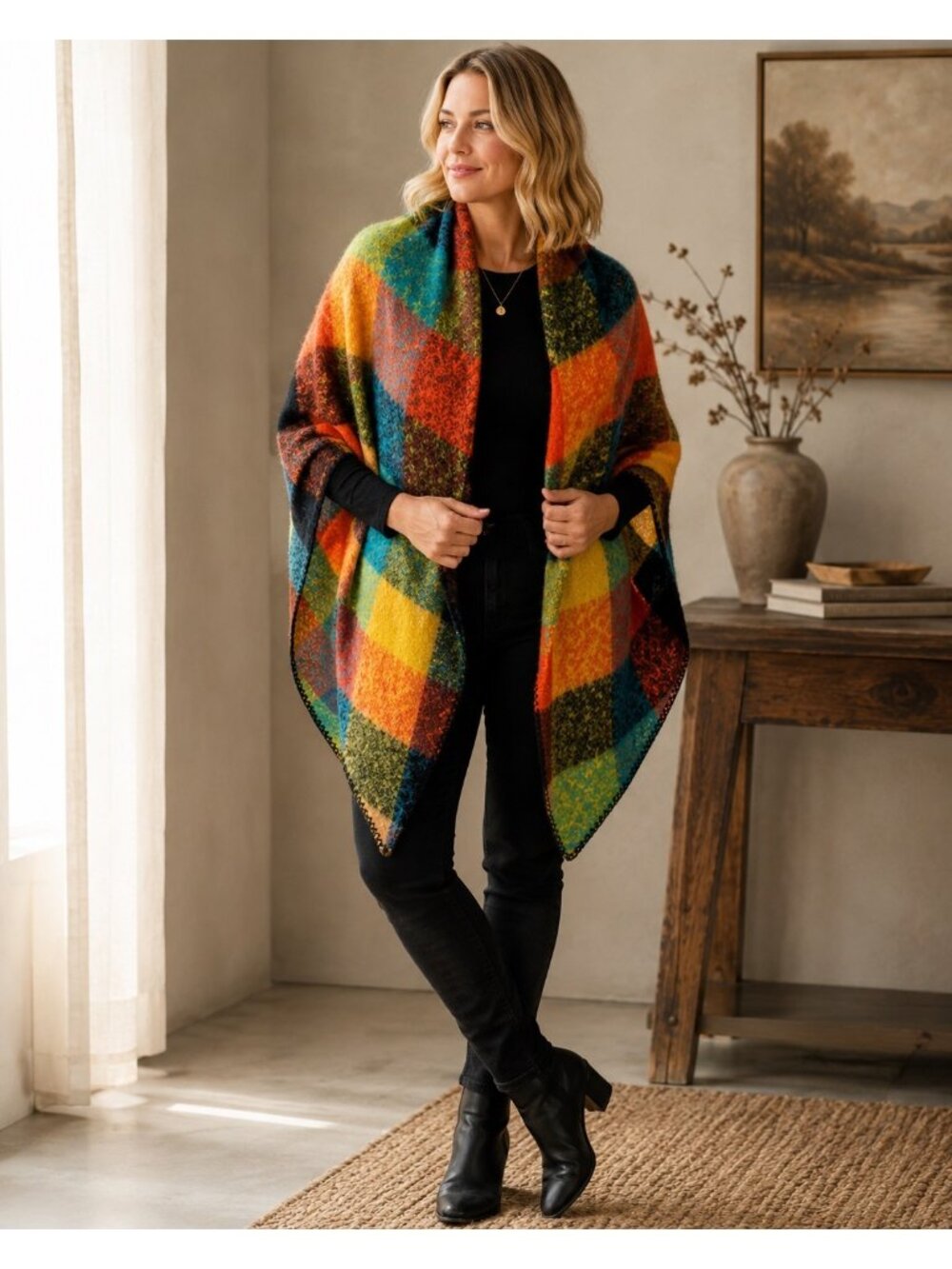 Multicolor Plaid Triangle Shawl Wrap Oversized Fuzzy Colorblock Blanket Scarf 75
